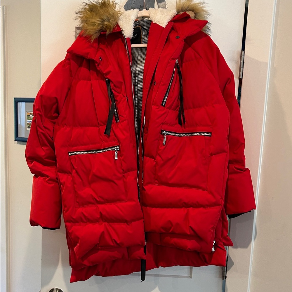 OLAY Red Puffer Jacket with Fur Trim